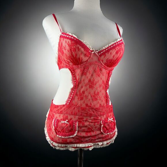 NWT Victoria’s Secret Maid Lingerie Teddy Red Mesh Lace Babydoll 34C Valentine - Picture 16 of 16